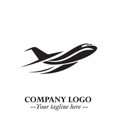 Plane Flying Fast Logo Symbol in Black on the White Background with Dynamic Aviation Design