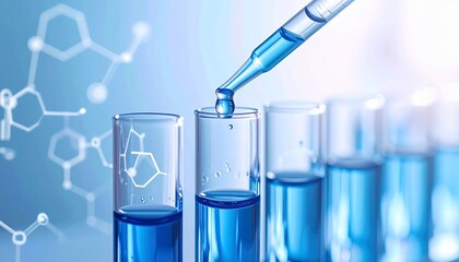 Laboratory science experiment with test tubes and a dropper injecting blue liquid