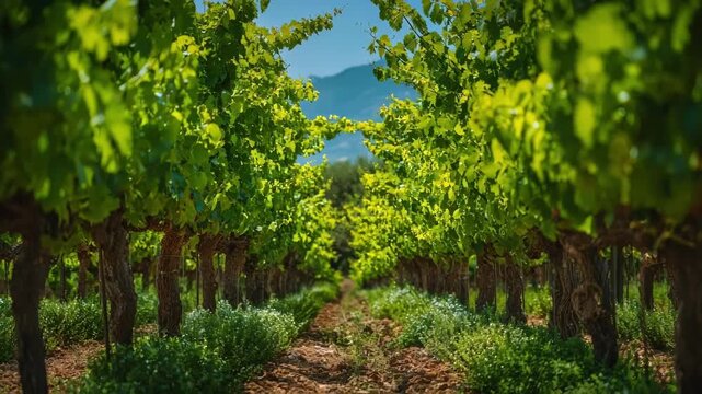 Medium shot of vineyard rows showcasing mixed planting techniques to boost biodiversity and promote healthy ecosystems in sustainable grape production.
