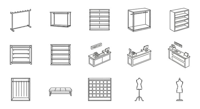store furniture assortment of store fixtures including clothing racks and counters for retail spaces useful for planning retail layouts or store design