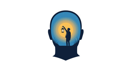 Silhouette of a person holding a lantern inside a human head silhouette, Generative AI.