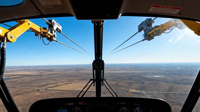Helicopter pilots view focusing on cable deployment over vast open landscapes with clear weather emphasizing the complexity of aerial utility construction.