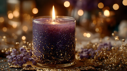 Glowing purple glitter candle with warm flame against dark background, surrounded by golden decorative elements and bokeh lights, creating cozy atmosphere.