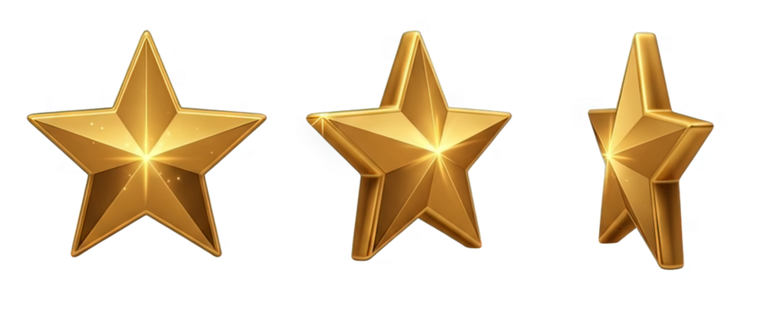 Set of Three Golden 3D Star Rating Icons from Different Angles