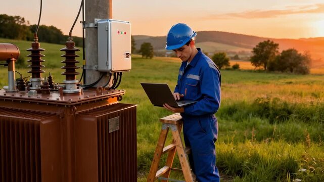 Engineer configuring remote monitoring devices on transformers in a countryside setting to enhance smart electricity network reliability.