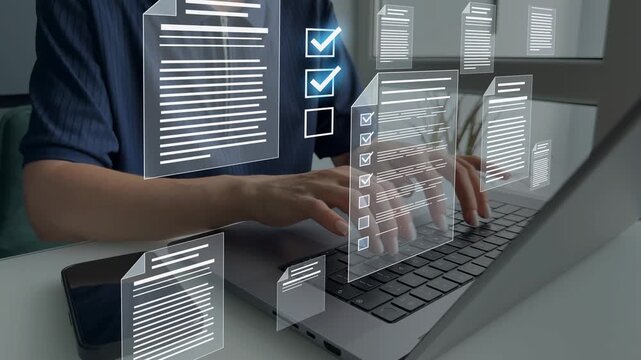 Business productivity checklist and filling survey form.Fast checklist and clipboard task management.Businessman check virtual electronic documents and checklist approve.