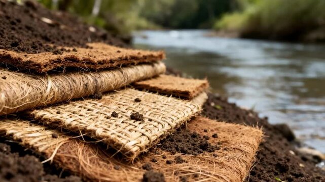 Close frame of coconut coir mats layered on a riverbank illustrating organic ground cover for soil retention and habitat restoration efforts.