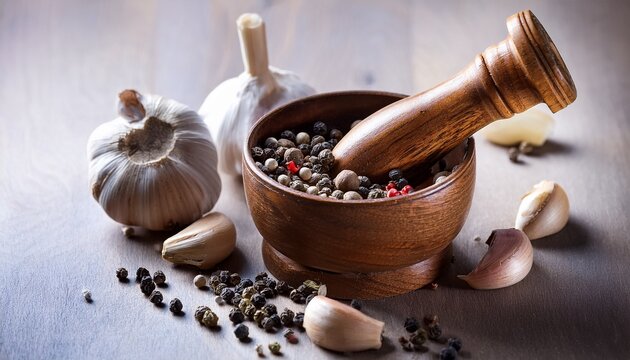 wooden spice grinder filled with peppercorns and garlic