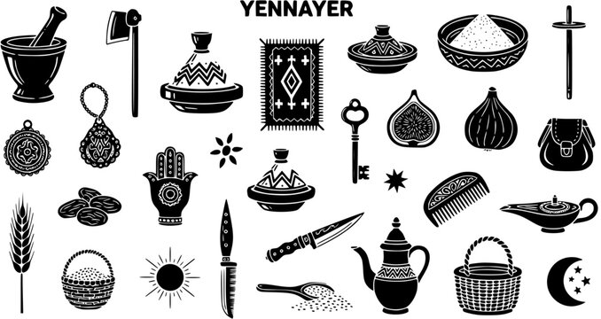 Yennayer Amazigh New Year Traditional Symbols Set. Berber Culture Icons, Festive Objects, Food, and Cultural Elements Collection.