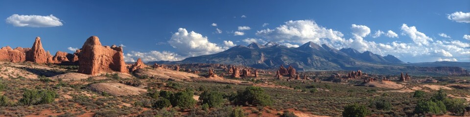 Fototapeta premium Breathtaking Panorama of Cache Valley Surrounded by Arches National Park's Majestic Skyline in Utah