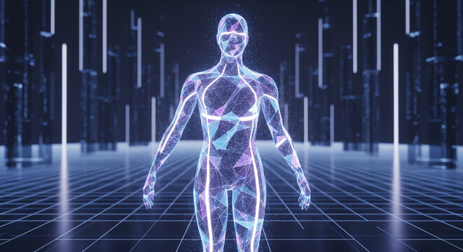 Abstract Digital Human Body with Geometric Design and Glowing Light: Modern Technology Visualization of Body Data for Health and Fitness Applications - Powered by Adobe