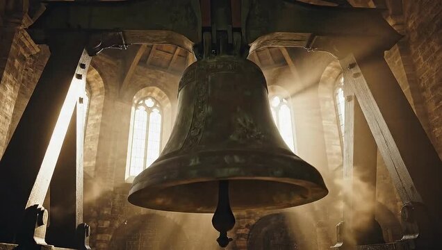 Church Bell Sunlight Streaming Through Windows in Ancient Interior