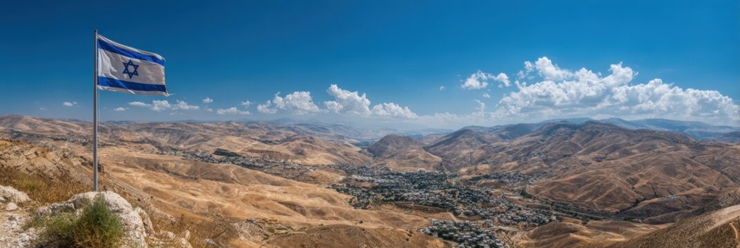 Sunny Vista of Rare Settlements in Judea and Samaria Under a Blue Sky with Fluffy Clouds
