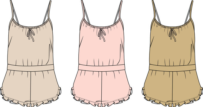 Three women's short romper fashion flat sketches, showcasing camisole tops with spaghetti straps and ruffled hems in soft beige, pink, and brown, ideal for loungewear design concepts