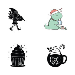 Whimsical Christmas Set Featuring Elf with Tree Dinosaur with Gifts Festive Cupcake and Holiday Mug Perfect for Seasonal Crafts and Greeting Cards