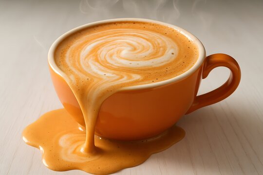 Close-up of a steaming latte with perfect swirl art, overflowing gracefully from an orange cup onto a white table.