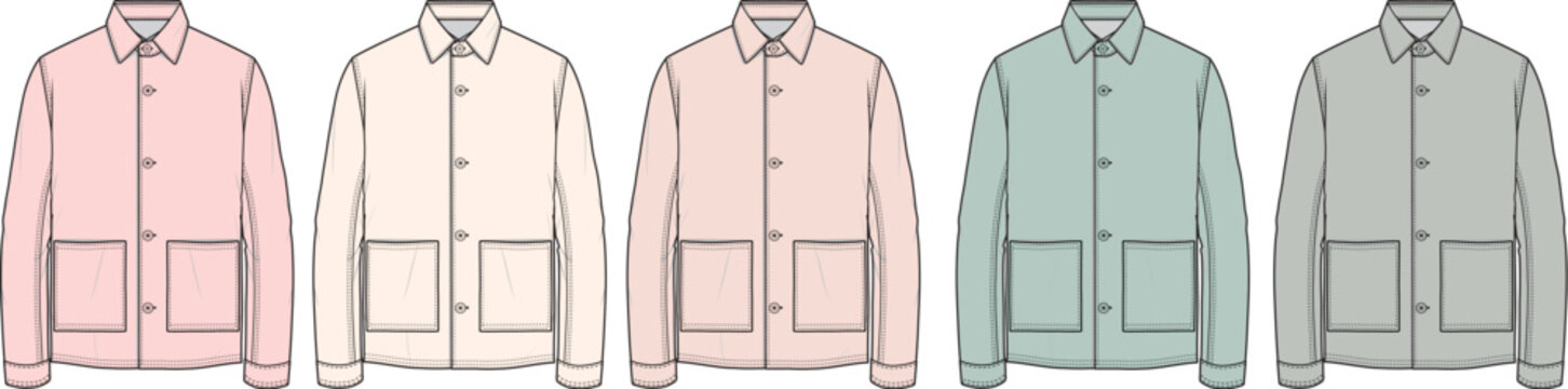 Apparel design concept featuring a set of unisex workwear jacket technical flat sketches in a pastel color palette