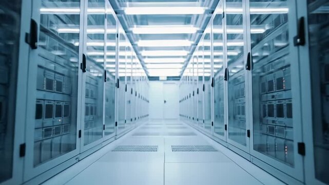 A slow, smooth forward-tracking wide video glides through a pristine, state-of-the-art data center corridor with towering server racks, blinking orange/amber lights, and cool V-shaped fluorescent