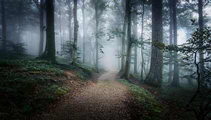 Obraz premium Path Through A Dark Forest Misty Woodland Landscape