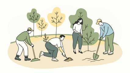 People plant trees in the park. Caring for the environment