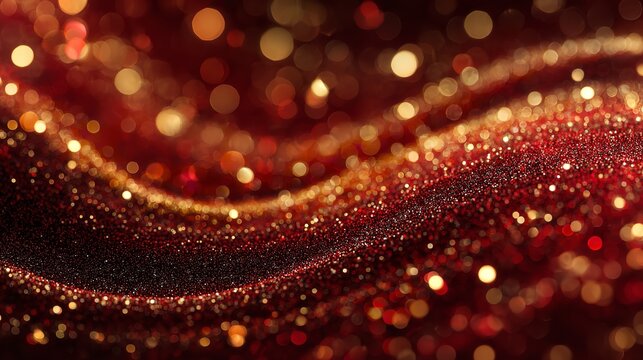 Luxurious shimmer: Abstract waves of golden sparkles on a rich maroon background.