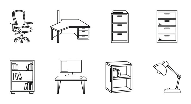 office furniture showcasing ergonomic chair desk filing cabinets bookshelf and lamp against white background for interior design needs