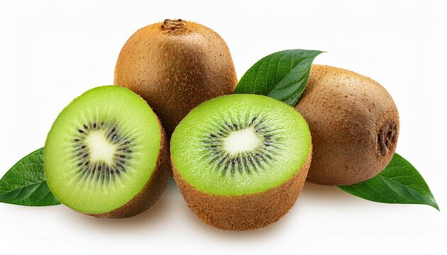 Kiwi Isolated On Transparent Background Tasty And Ripe Fruit With Green Leaves Whole And Cut In Half Juicy Fruits Suitable For Product Design And Food Packaging Color Photography