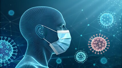 A modern 3D visualization of a human head wearing a medical mask surrounded by floating viral particles against a blue technological background. Concept for disease protection and prevention.