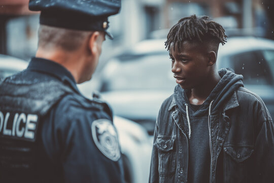 Police officer stopping teenager of color on street without reason, racial profiling concept