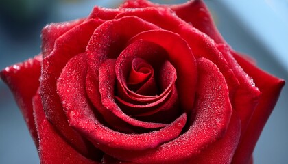 Dew Kissed Crimson Rose Close Up Vibrant Red Petals