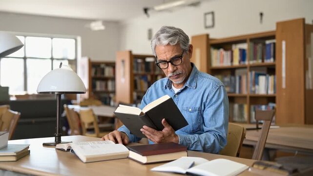 Older adult student returning to studies, intently reading a book in a library setting. Lifelong learning, senior education, and knowledge concept. - Powered by Adobe