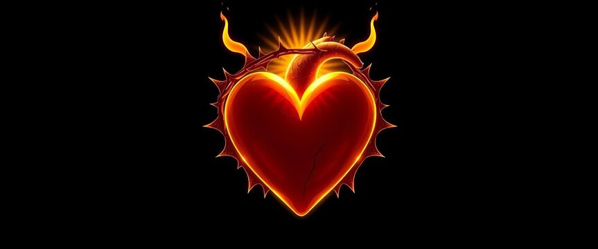 A stylized heart, radiant with golden light, encircled by a thorny crown and subtle flames against a dark background,  sacrifice,  graphic - Powered by Adobe