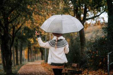 Happy woman under transparent umbrella walking in autumn park smiling surrounded by falling golden leaves © Thilo Wagner