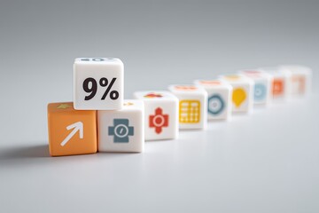 Small white and orange cubes,  stacked, showing a 9% increase,  with various icons on adjacent cubes.  A gradual upward trend