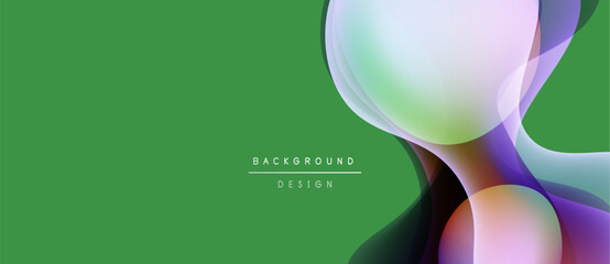 Abstract shapes overlap, creating vibrant color gradients on green backdrop. Modern design elements suggest fluidity, dynamism.