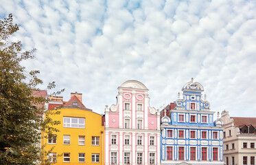 Facades of old residential buildings in Szczecin, Poland.