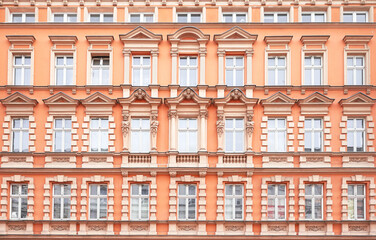 Facades of old residential buildings in Szczecin, Poland.