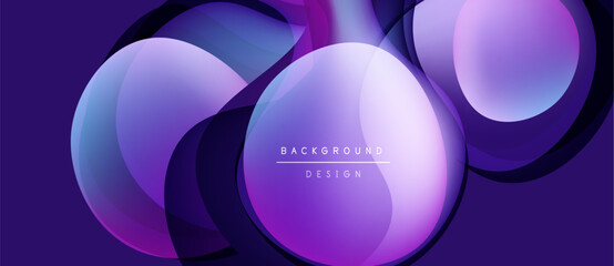 Abstract purple design features overlapping circles, curves. Modern background with gradient shades, text element present.