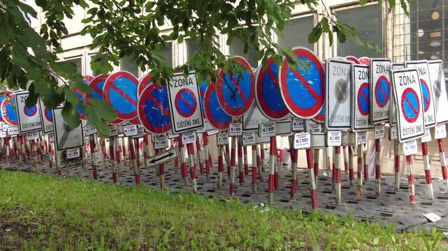 Brno, Czech Republic - August 1, 2025: Road signs. Many road signs indicate no stopping and no parking