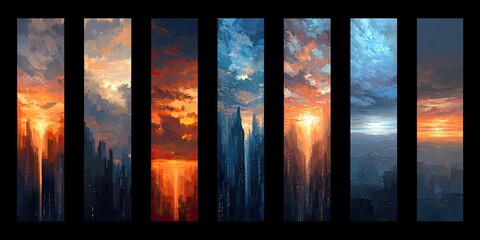 Cityscapes framed by different sunsets and clouds.  A series of vertical panels depict various cityscapes, each with a unique sunset and cloud formation