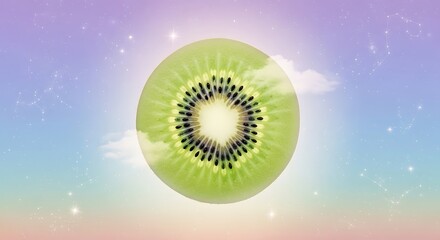 A vibrant kiwi fruit slice floats against a dreamy pastel sky with clouds and stars, creating a surreal and refreshing visual.