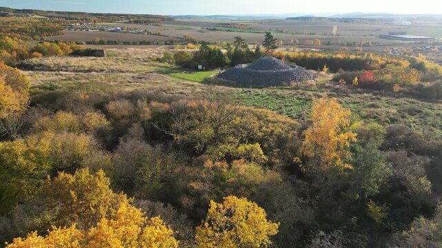Aerial view of the &Scaron;lovick&yacute; vrch observation tower &ndash; a stone mound resembling a Mayan pyramid, Pilsen Region, Czech Republic.