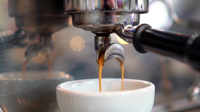 Aromatic espresso pours from professional portafilter in white cup, with rich crema. Cafe and the craft of barista brewing on stainless steel espresso machine.​