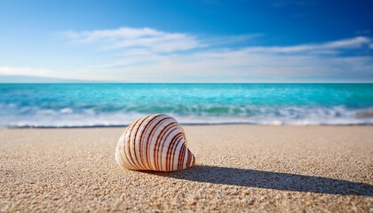 Striped Seashell Resting On Clean Beach With Blue Ocean Backdrop