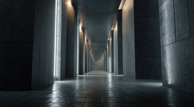 Dark, futuristic corridor lit by glowing lines