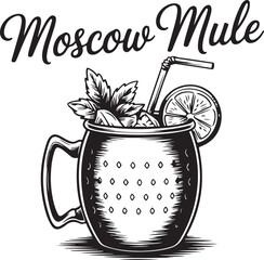 Moscow Mule Cocktail Illustration in a Copper Mug with Lemon and Mint Garnish