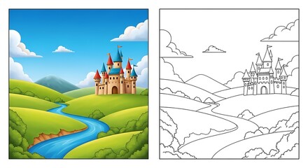 Beautiful cartoon castle on a hill with a river and blue sky, coloring page isolated on white background