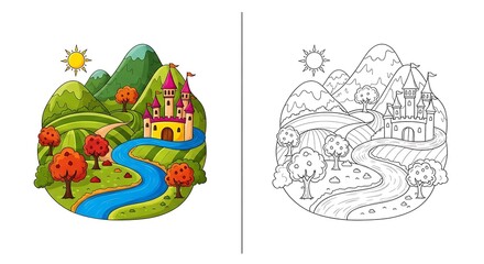 A whimsical cartoon landscape with a castle, river, and mountains isolated on white background