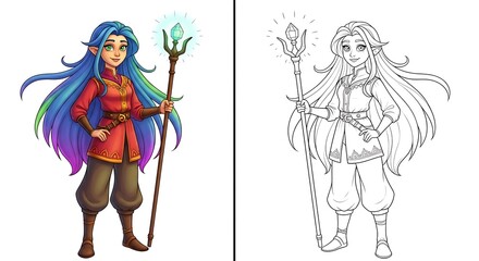 A beautiful elf girl with blue hair and a magic staff stands tall, ready for adventure isolated on white background