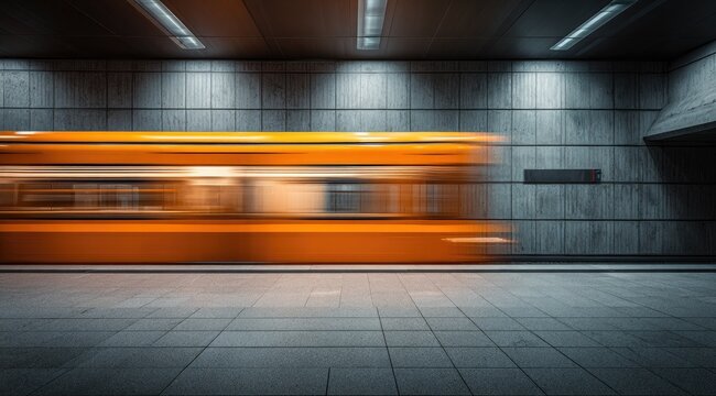 Orange train speeding through a modern subway station.  Blurred motion of a fast-moving train, illuminated by spotlights in a gray, tiled subterranean station